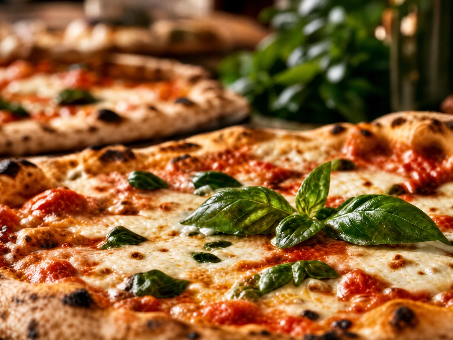Pizza garnie de basilic sur une table en terrasse