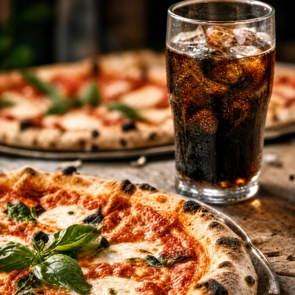 Pizza et verre de soda sur une table